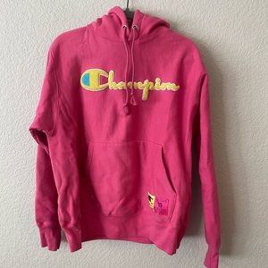 Champion Hoodie with Embroidered Logo in Pink and Yellow
